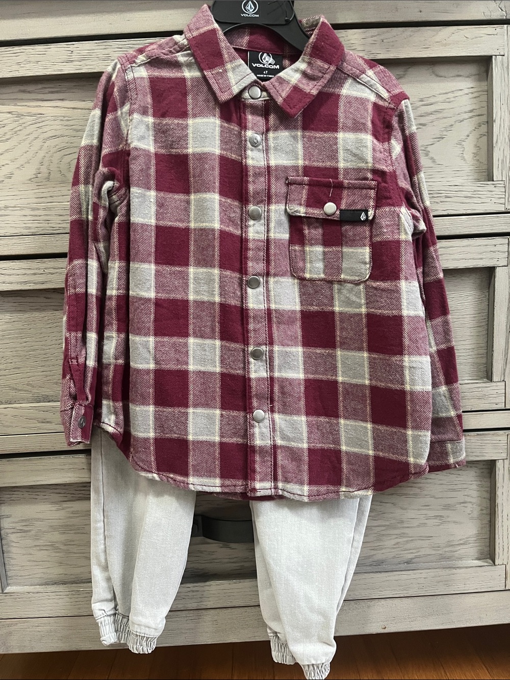 Volcom Kids Burgundy and White Plaid Button-Down Shirt